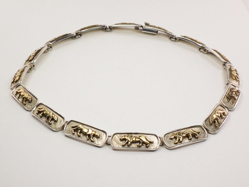 Vintage Sterling Silver Walking Panther Necklace Made in Mexico 16.5" Heavy 70 grams