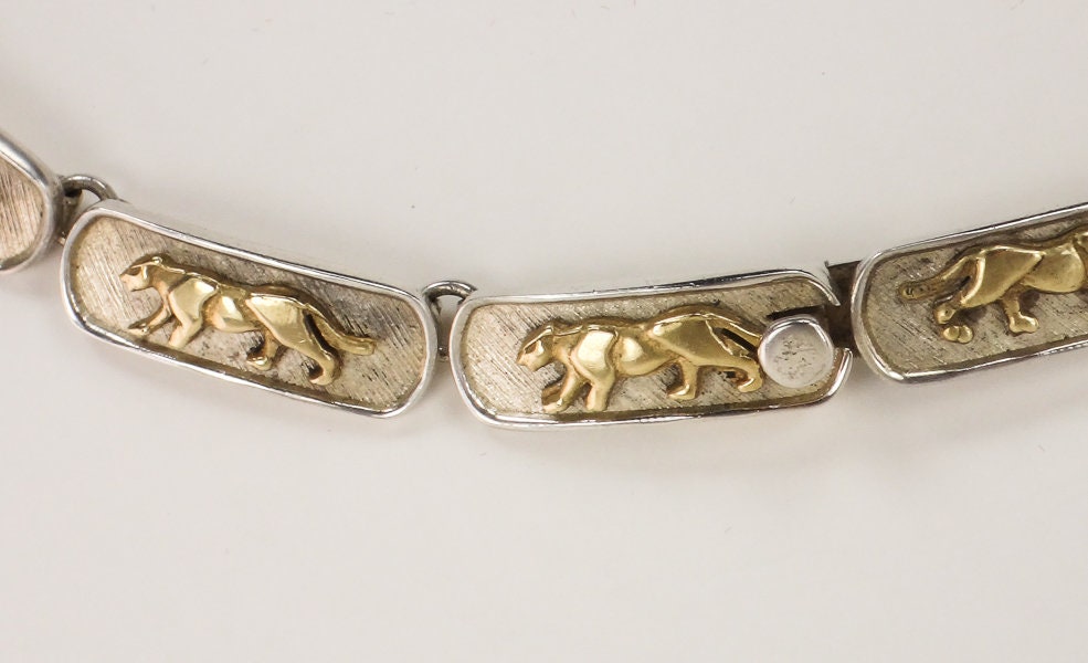 Vintage Sterling Silver Walking Panther Necklace Made in Mexico 16.5" Heavy 70 grams