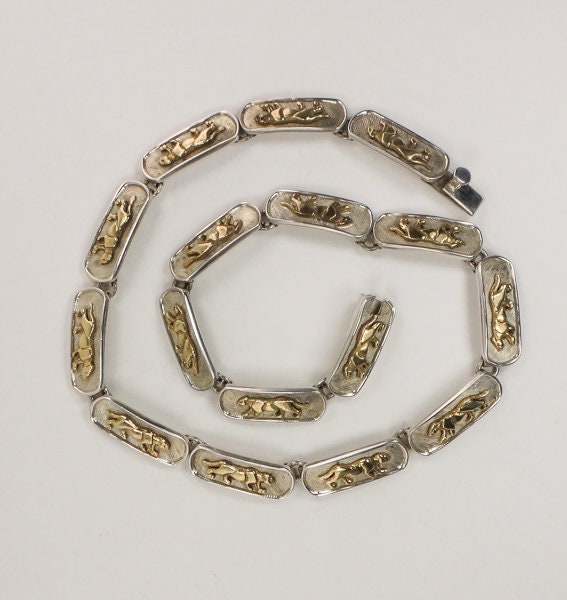 Vintage Sterling Silver Walking Panther Necklace Made in Mexico 16.5" Heavy 70 grams