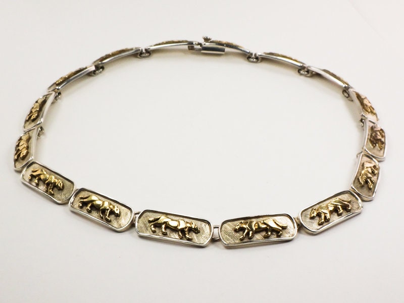 Vintage Sterling Silver Walking Panther Necklace Made in Mexico 16.5" Heavy 70 grams