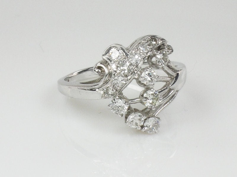 Vintage 14k White Gold Diamond Spray Ring - Retro Cocktail Ring Size 7