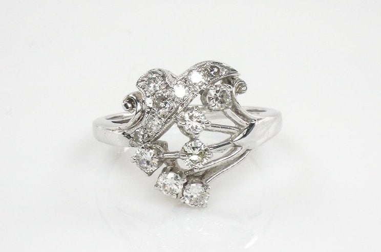 Vintage 14k White Gold Diamond Spray Ring - Retro Cocktail Ring Size 7