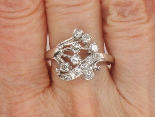 Vintage 14k White Gold Diamond Spray Ring - Retro Cocktail Ring Size 7