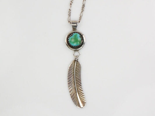 Vintage Gary Reeves Navajo Large Sterling Silver Turquoise Feather Pendant Necklace 16"