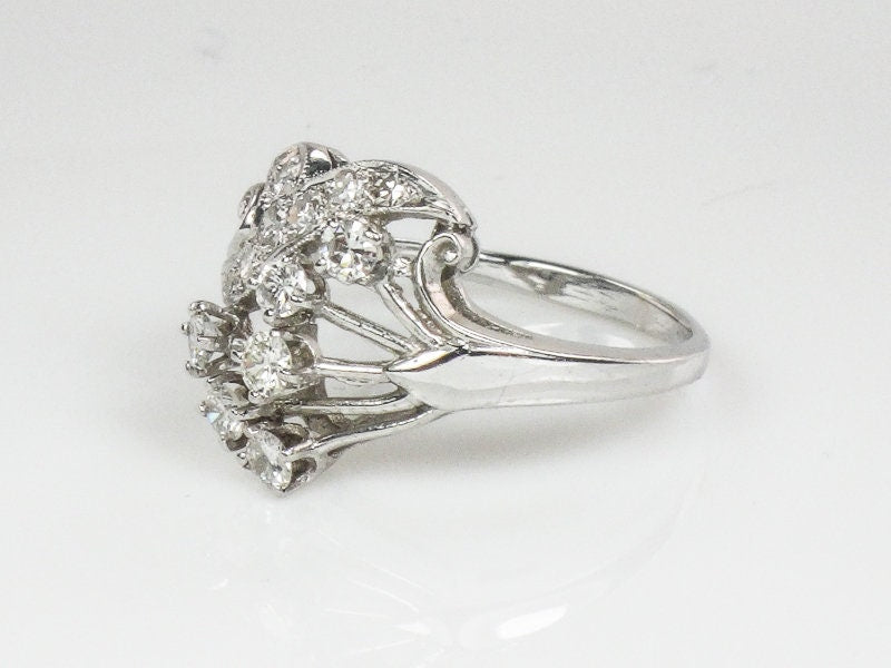 Vintage 14k White Gold Diamond Spray Ring - Retro Cocktail Ring Size 7