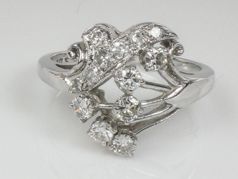 Vintage 14k White Gold Diamond Spray Ring - Retro Cocktail Ring Size 7