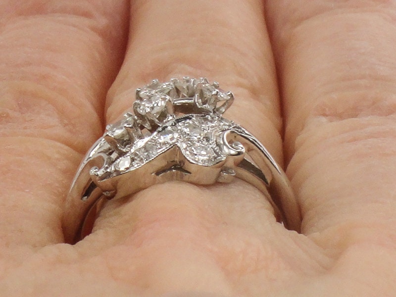 Vintage 14k White Gold Diamond Spray Ring - Retro Cocktail Ring Size 7