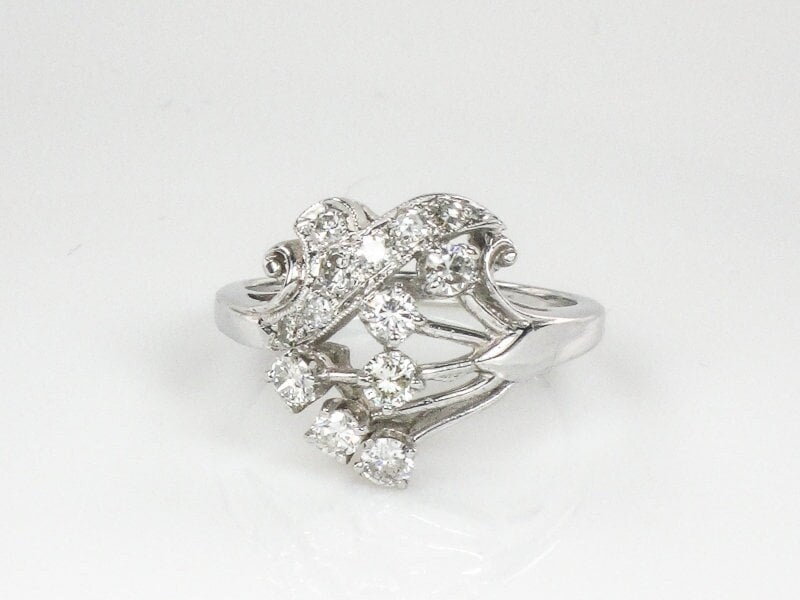 Vintage 14k White Gold Diamond Spray Ring - Retro Cocktail Ring Size 7
