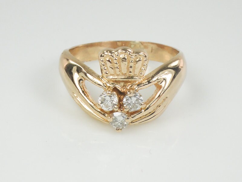 Vintage 14k Gold Natural Diamond Claddagh Ring Irish Claddagh Wedding Band Size 7