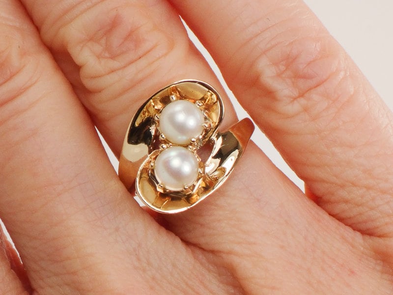 Vintage 14k Yellow Gold Pearl Toi et Moi Ring - Baden and Foss, Size 4.25