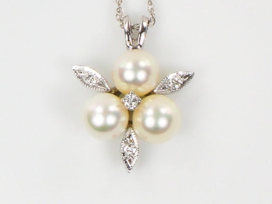 Vintage 14k White Gold Three Cultured Pearl and Diamond Pendant Necklace Trefoil Bride Necklace 16"