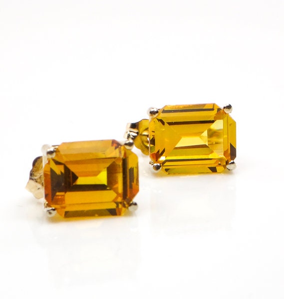 Vintage 14k Gold Rectangle Cut Yellow Sapphire Stud Earrings