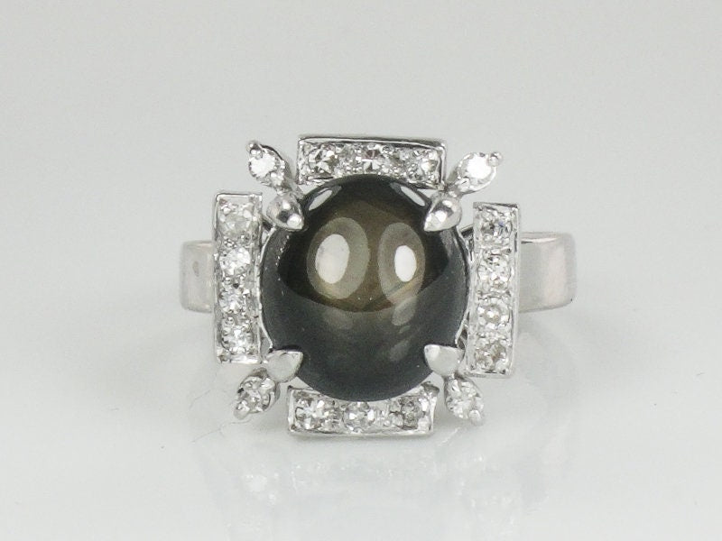 Vintage Platinum Natural Black Star Sapphire and Diamond Ring