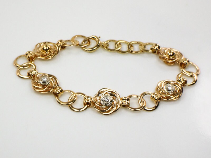 Vintage Retro 14k Yellow Gold Diamond Fancy Circle Link Bracelet 7.75"