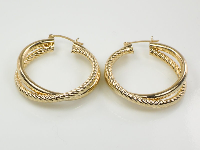 Vintage 14k Yellow Gold Twist Hoop Earrings: Large Double Hoops