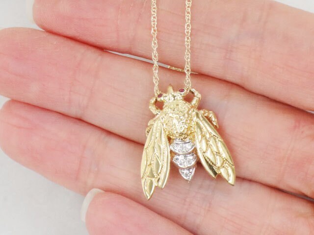 Vintage 14k Gold Bee Pendant Pin: Diamond & Ruby Bumble Bee