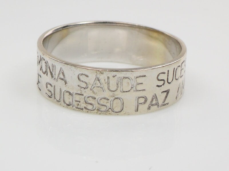 Vintage 14k White Gold Portugese Wedding Band Engraved "Paz Amour Harmonia Saude Sucesso" 6 mm Size 8.25