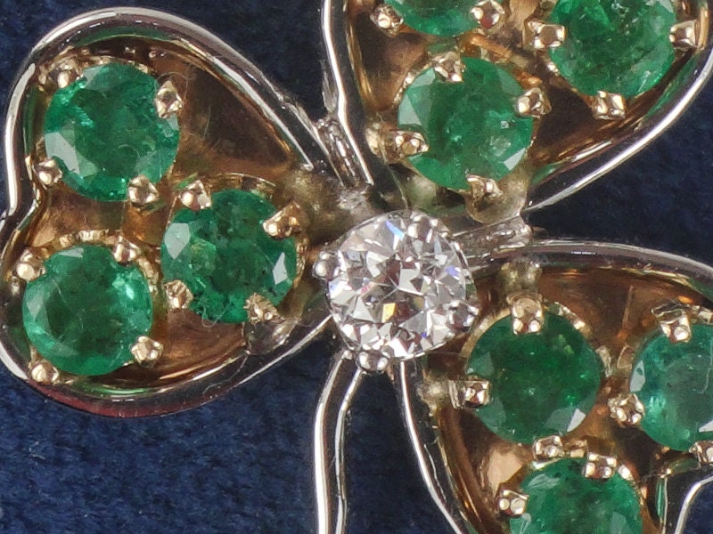 Vintage 14k Two Tone Gold Natural Diamond and Emerald Shamrock Pendant, Thee Leaf Clover Good Luck Pendant