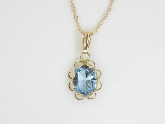 Vintage Dainty 14k Yellow Gold Light Blue Glass Pendant Necklace March Birthstone Color 18.5"