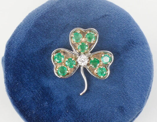 Vintage 14k Two Tone Gold Natural Diamond and Emerald Shamrock Pendant, Thee Leaf Clover Good Luck Pendant