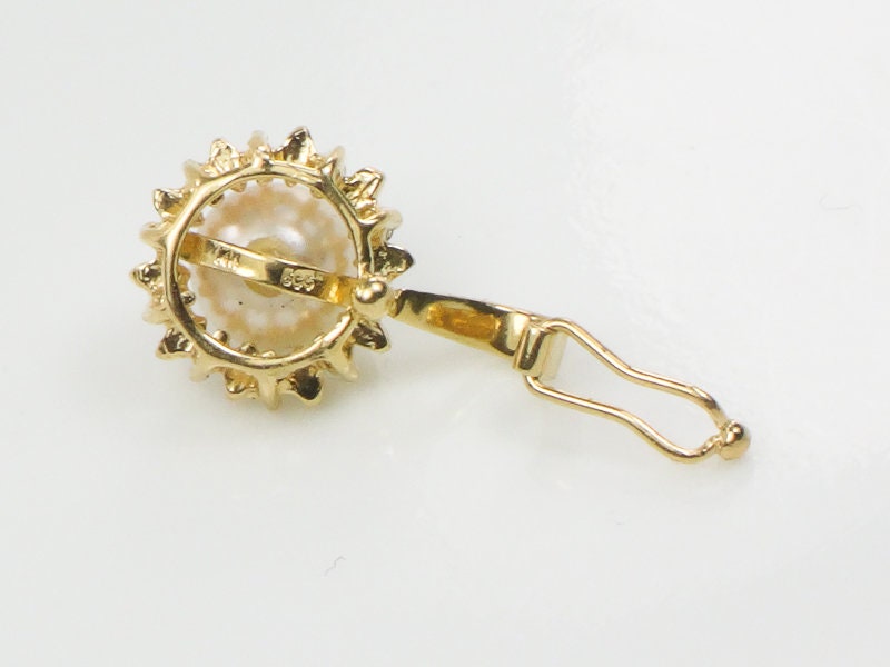 14k Yellow Gold White Cultured Pearl and Diamond Pendant - Bridal Jewelry - Vintage Small Enhancer Pendant for Pearls or Beads