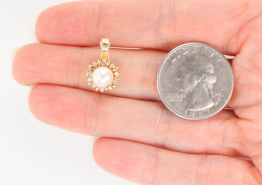 14k Yellow Gold White Cultured Pearl and Diamond Pendant - Bridal Jewelry - Vintage Small Enhancer Pendant for Pearls or Beads