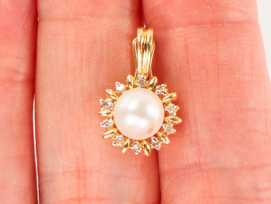 14k Yellow Gold White Cultured Pearl and Diamond Pendant - Bridal Jewelry - Vintage Small Enhancer Pendant for Pearls or Beads