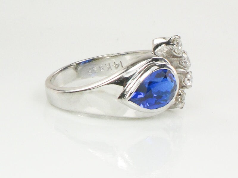 Vintage Retro 14k White Gold Pear Cut Blue Spinel and Diamond Ring, September Birthstone Ring, Pinky Ring Size 4.25