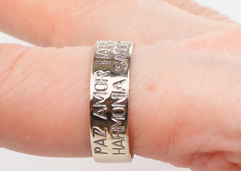 Vintage 14k White Gold Portugese Wedding Band Engraved "Paz Amour Harmonia Saude Sucesso" 6 mm Size 8.25