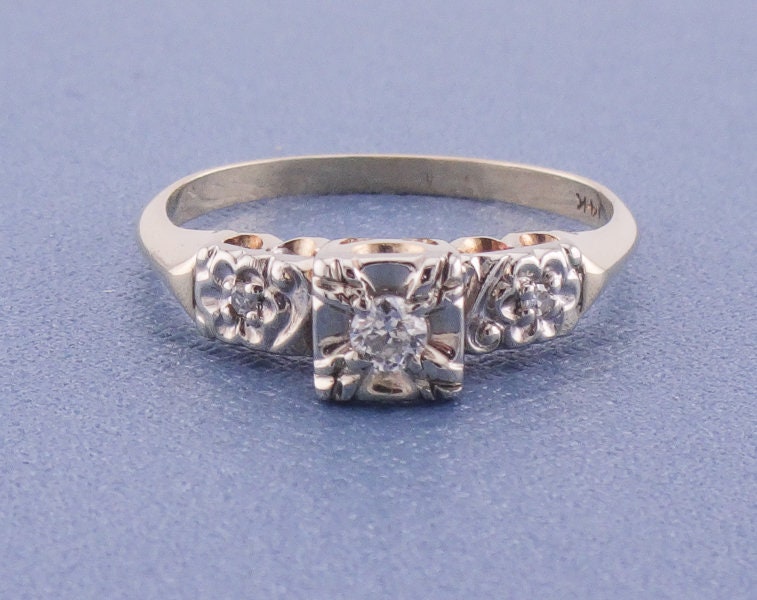 Vintage 14k Two Tone Gold Diamond Orange Blossom Engagement Ring Size 6.5