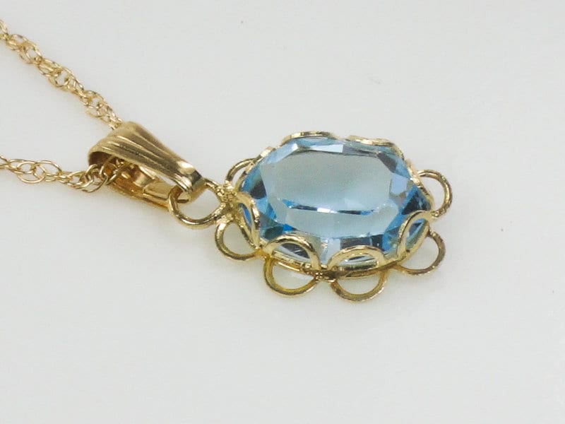 Vintage Dainty 14k Yellow Gold Light Blue Glass Pendant Necklace March Birthstone Color 18.5"