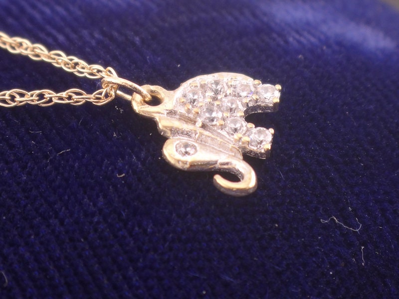 Vintage 14k Gold CZ Elephant Pendant Necklace, 10k Gold Chain