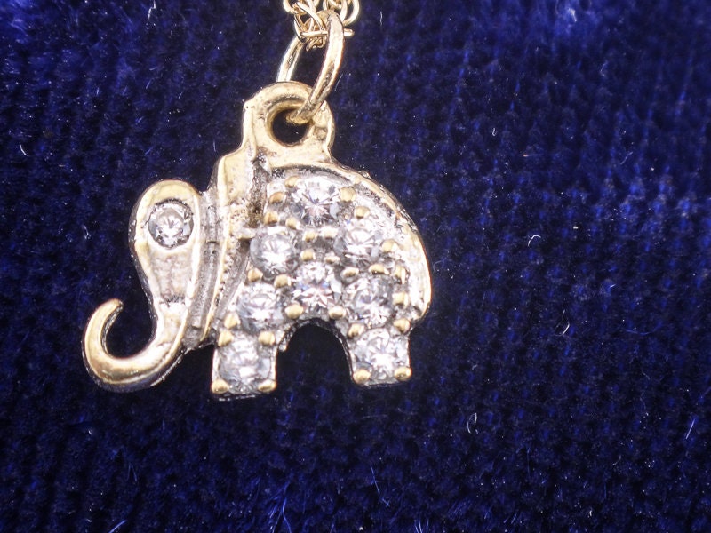 Vintage 14k Gold CZ Elephant Pendant Necklace, 10k Gold Chain