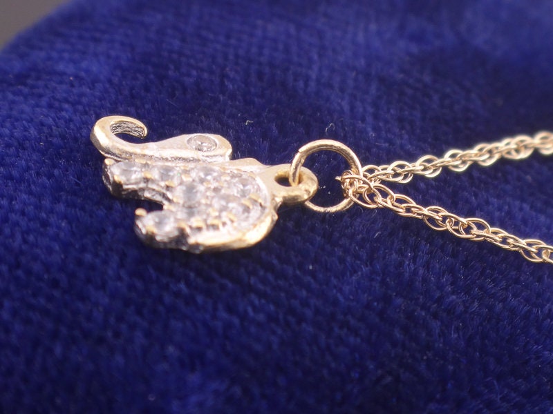 Vintage 14k Gold CZ Elephant Pendant Necklace, 10k Gold Chain