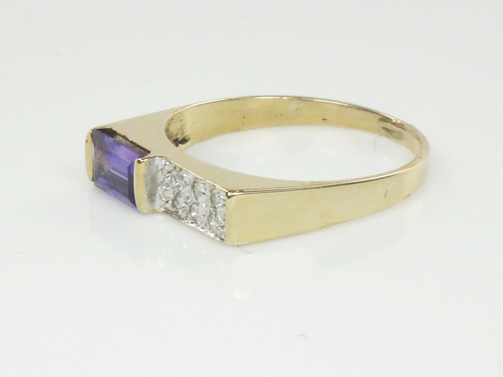Vintage 14k Yellow Gold Rectangle Cut Purple Sapphire and Diamond Ring - Circa 1970's Size 5.25