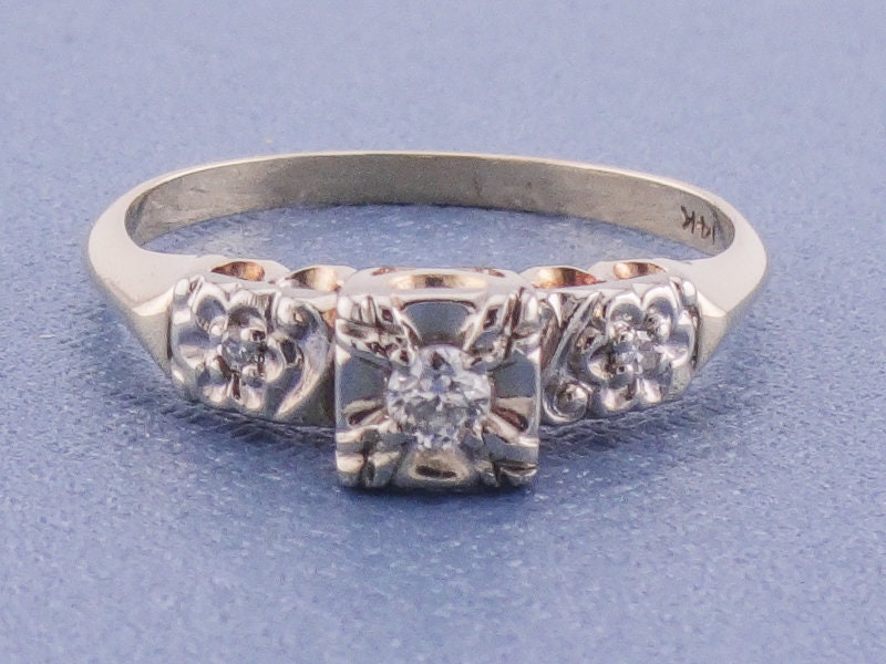 Vintage 14k Two Tone Gold Diamond Orange Blossom Engagement Ring Size 6.5