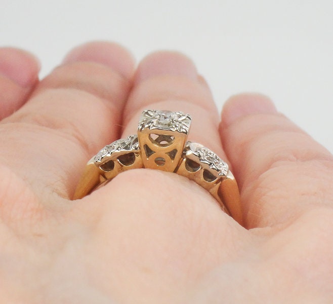 Vintage 14k Two Tone Gold Diamond Orange Blossom Engagement Ring Size 6.5