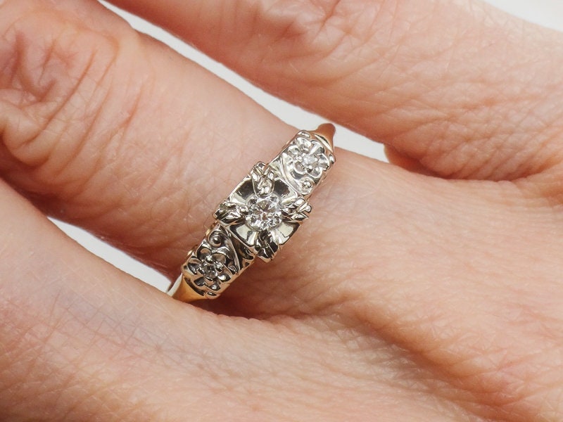 Vintage 14k Two Tone Gold Diamond Orange Blossom Engagement Ring Size 6.5