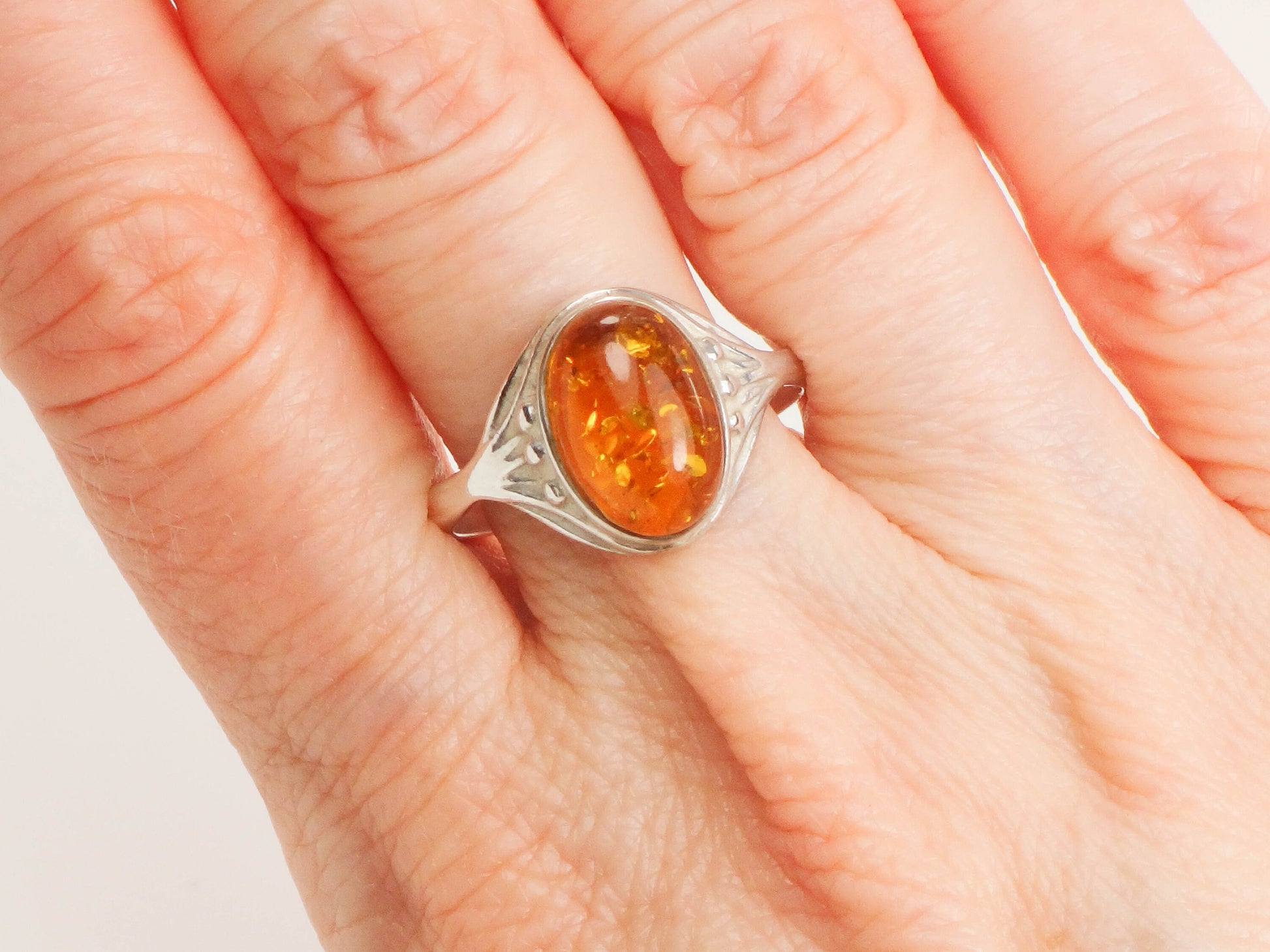 Vintage Sterling Silver Amber Ring: Art Nouveau Style, Size 8.5