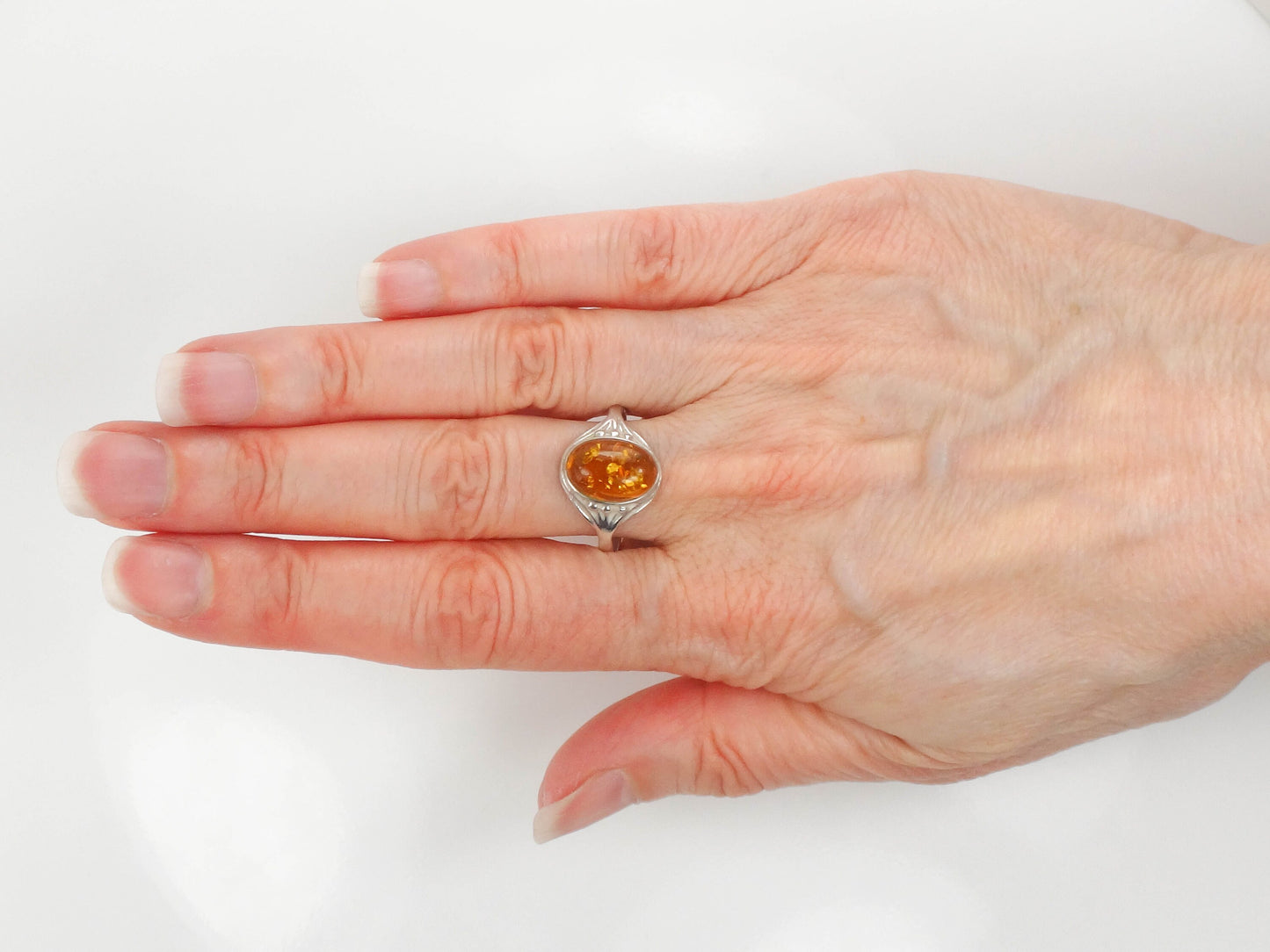 Vintage Sterling Silver Amber Ring: Art Nouveau Style, Size 8.5