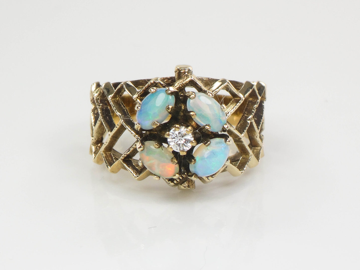 Vintage 14k Yellow Gold Natural Opals and Diamond Flower Ring, October Birthstone Ring, Size 7