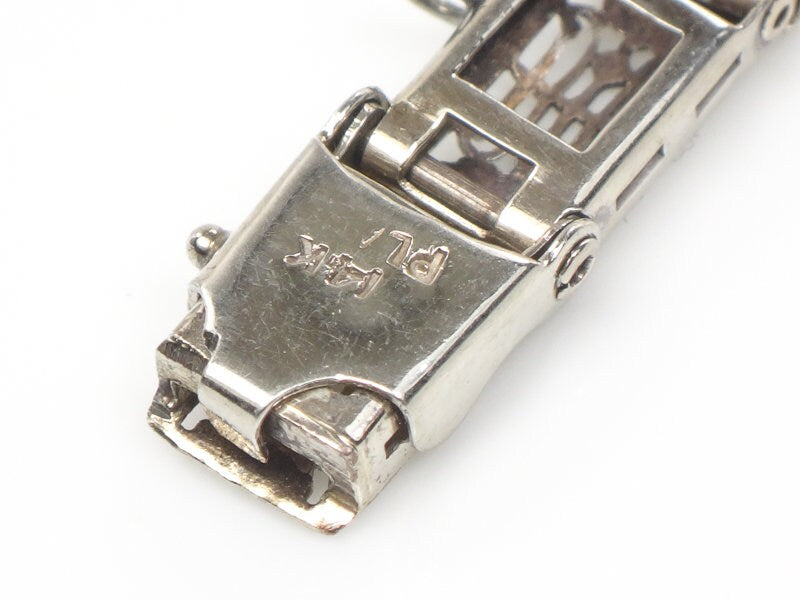 Vintage Art Deco 14k White Gold Filigree Diamond Bracelet with Emerald Green Glass Circa 1930's 6.5"