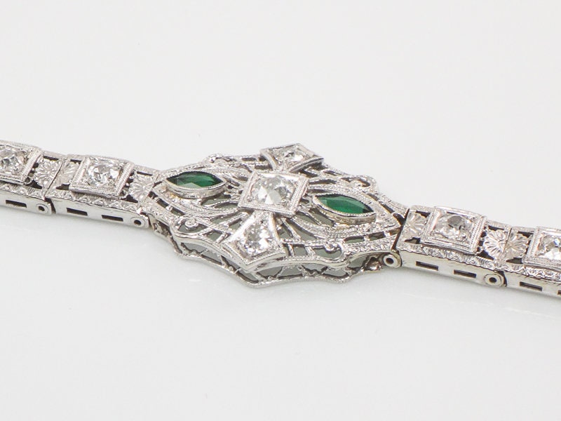Vintage Art Deco 14k White Gold Filigree Diamond Bracelet with Emerald Green Glass Circa 1930's 6.5"