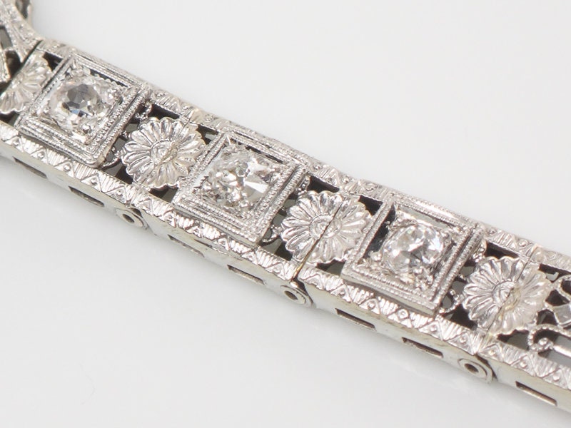 Vintage Art Deco 14k White Gold Filigree Diamond Bracelet with Emerald Green Glass Circa 1930's 6.5"