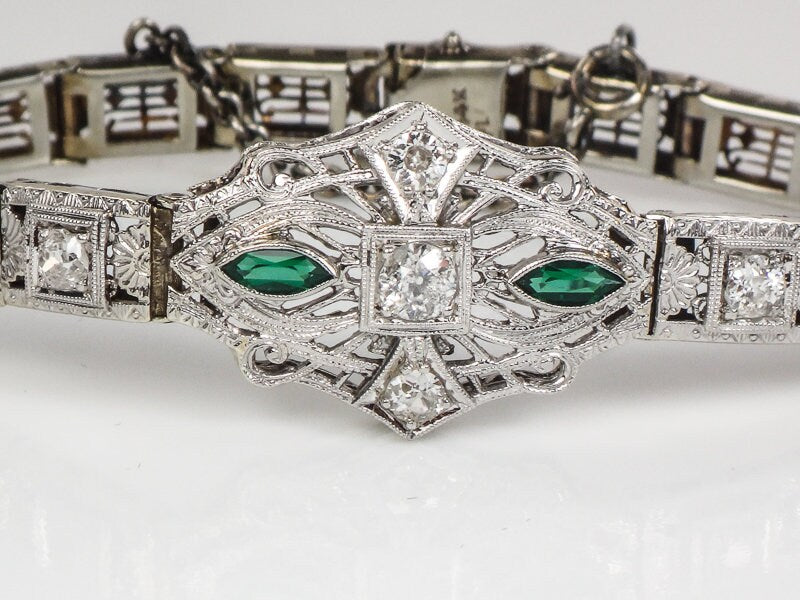 Vintage Art Deco 14k White Gold Filigree Diamond Bracelet with Emerald Green Glass Circa 1930's 6.5"