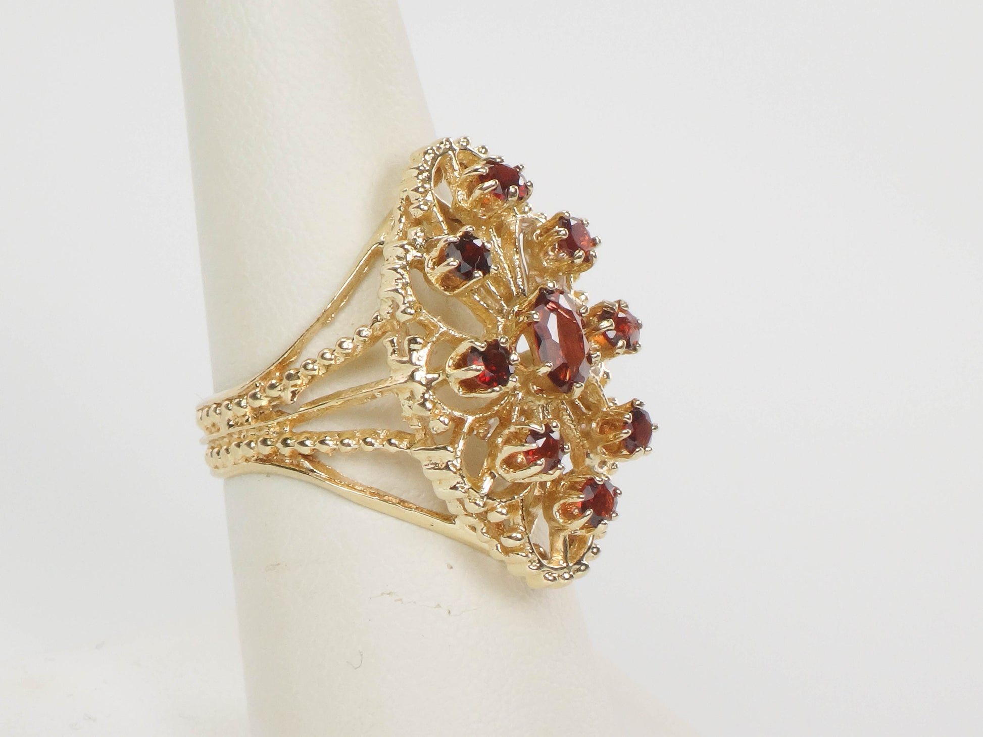 Vintage 14k Yellow Gold Large Garnet Cluster Ring - January Red Birthstone Ring - Size 7.25