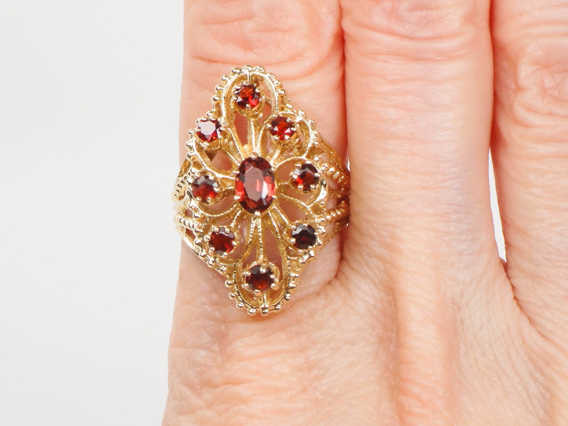 Vintage 14k Yellow Gold Large Garnet Cluster Ring - January Red Birthstone Ring - Size 7.25