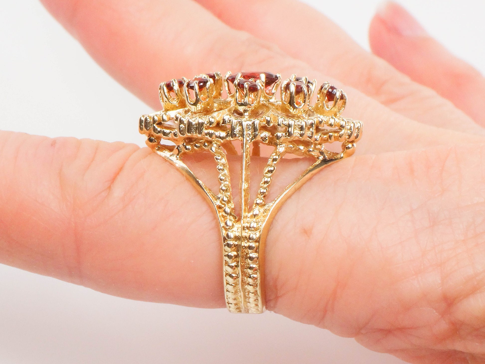 Vintage 14k Yellow Gold Large Garnet Cluster Ring - January Red Birthstone Ring - Size 7.25
