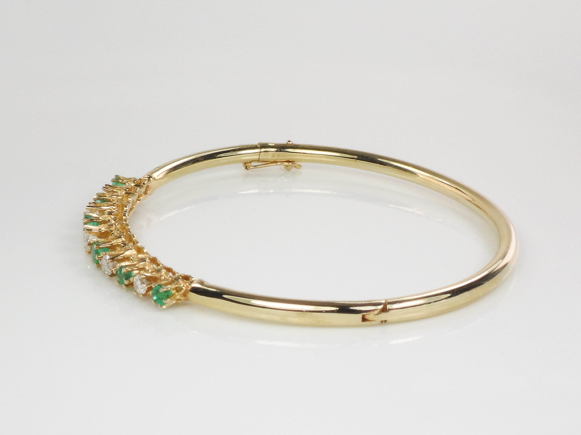 Vintage 14k Yellow Gold Natural Emerald and Diamond Bangle Bracelet - Bridal Bracelet - Small Size 6.75"