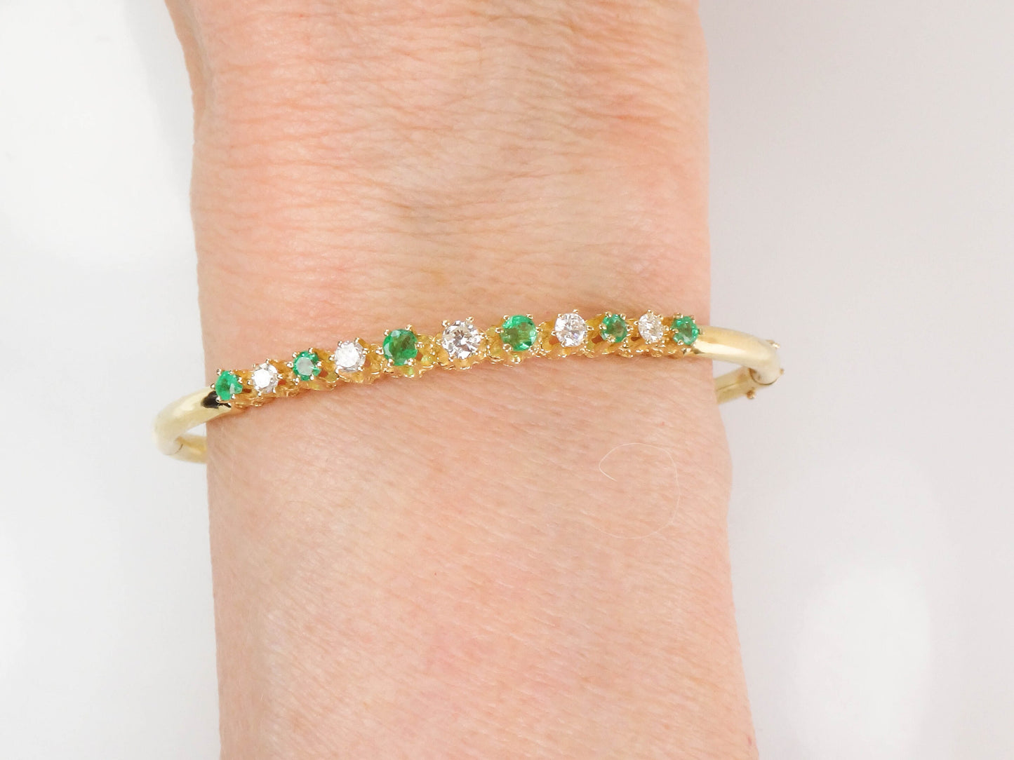 Vintage 14k Yellow Gold Natural Emerald and Diamond Bangle Bracelet - Bridal Bracelet - Small Size 6.75"